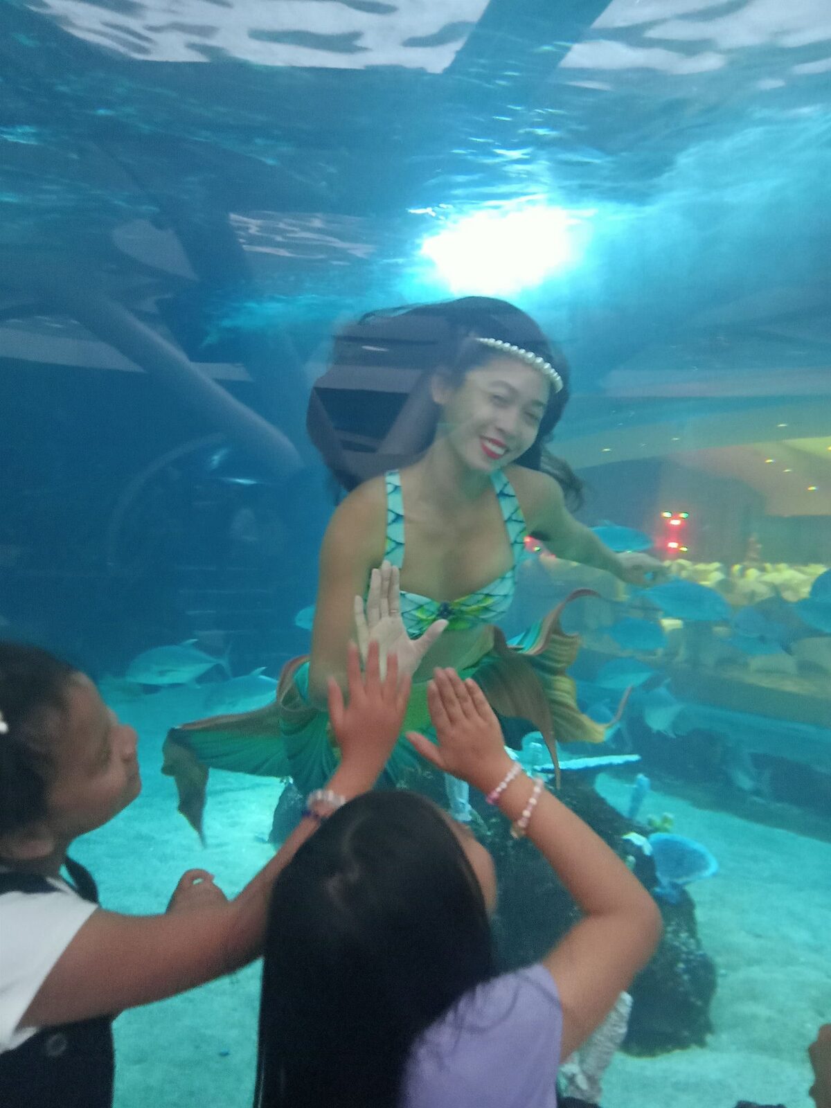 Mermaid Giona greeting and high-fiving children at the aquarium